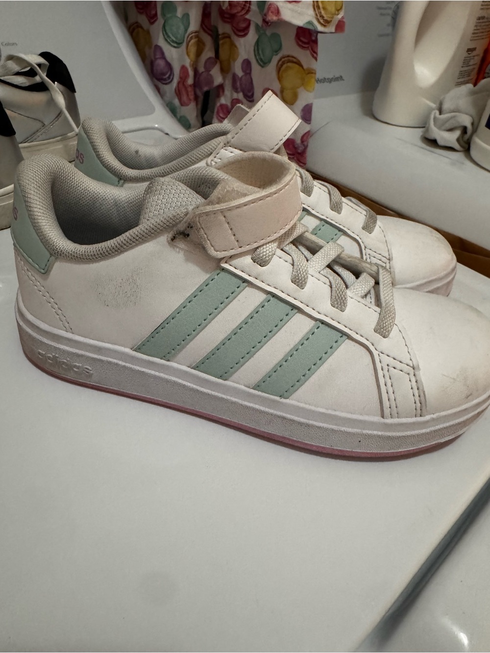 adidas Kids White Sneakers with Mint Stripes and Pink Trim